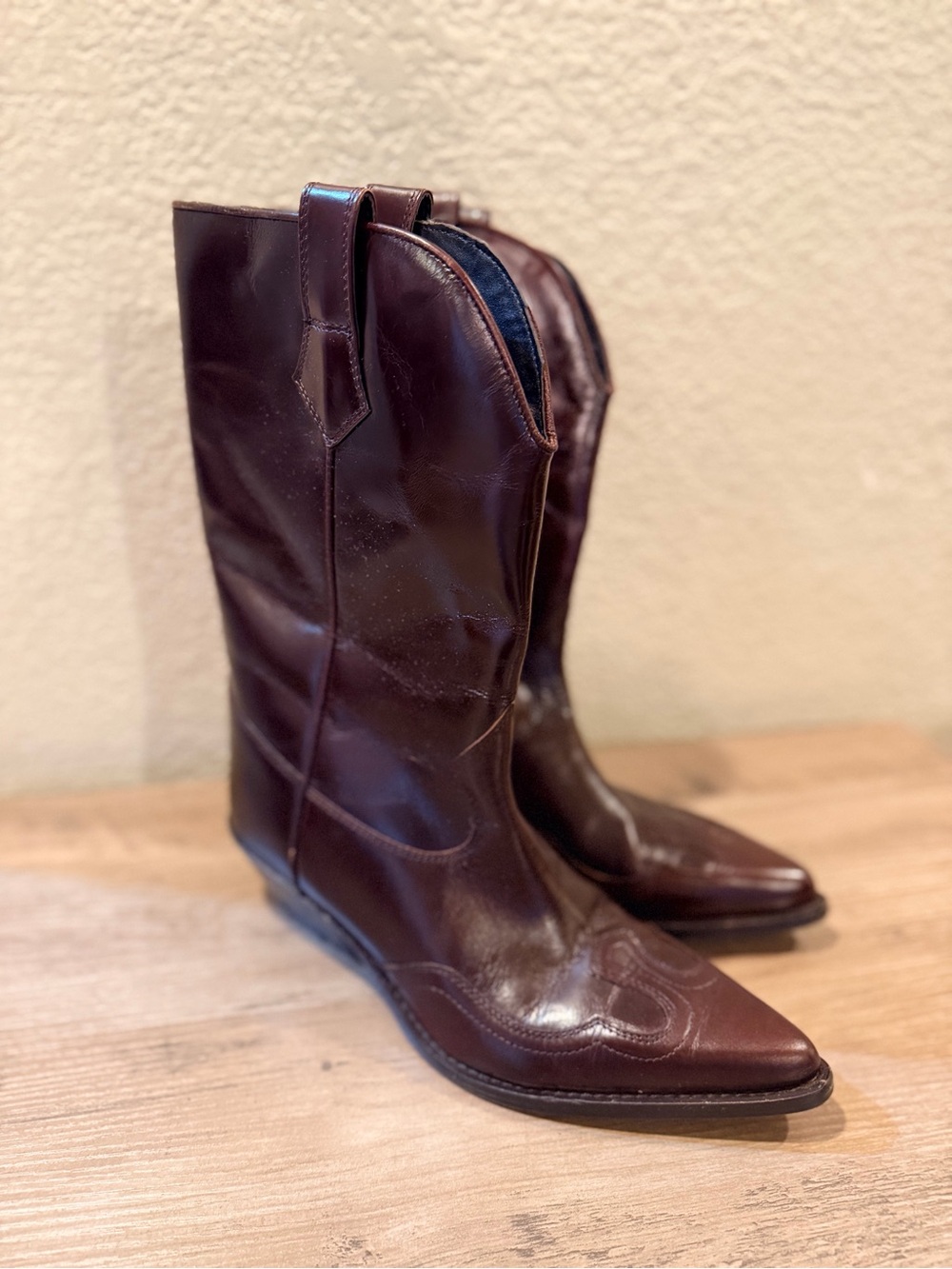 Zara Burgundy Red Leather Western Boots Size 37 - Picture 2 of 16